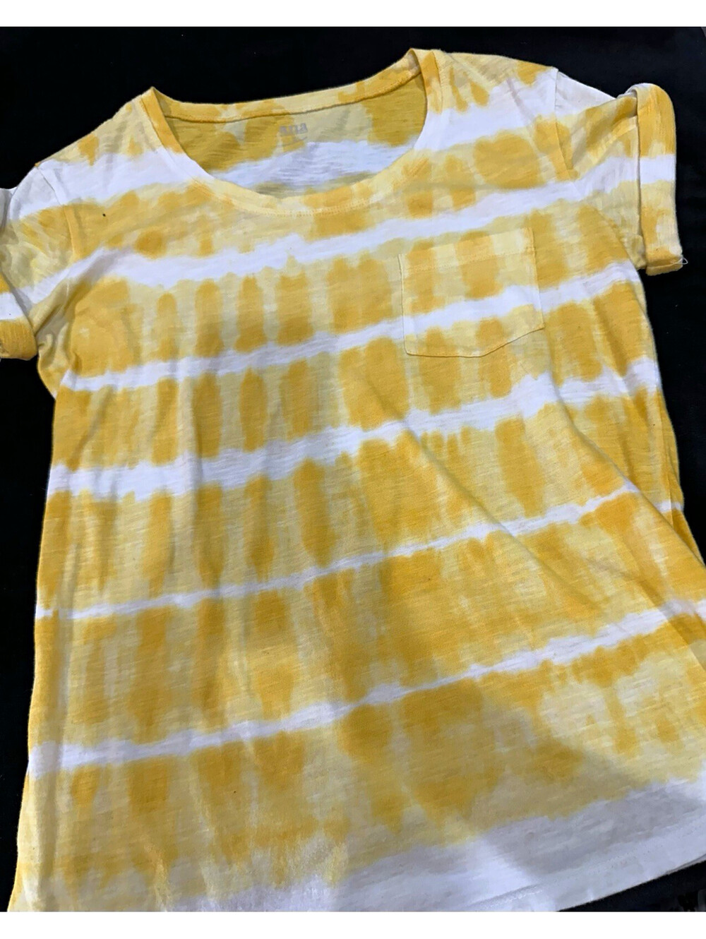 Women’s Yellow/White Striped Knit Crew Neck Pocket Tee Short Sleeve Small